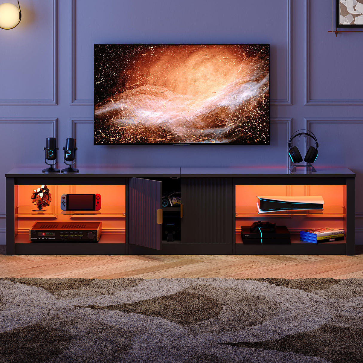 Bestier 80 Inch TV Stand for 75/85/90 inch TVs, LED Gaming Entertainment Center with Storage Cabinet & Adjustable Shelves, Modern High Gloss TV Console Table for Living Room Bedroom, Black Glossy Bestier