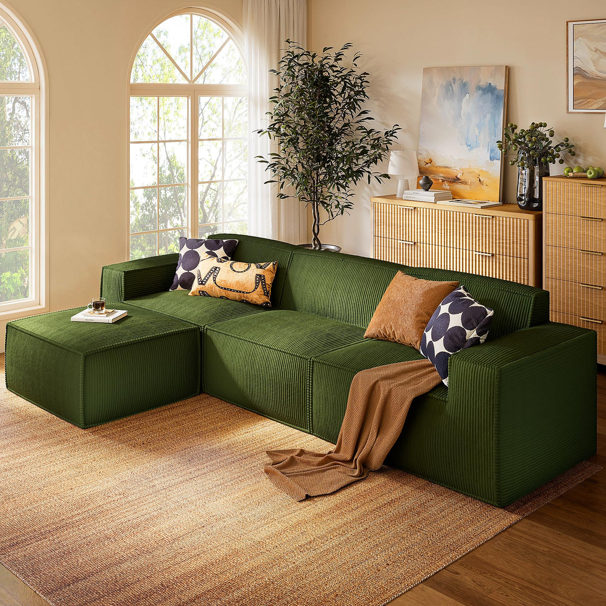 Marsail Modular Sectional Sofa, 111" L-Shaped Modular Sectional Couch with Deep Seat, Freely Combinable Sectional Clound Sofa for Living Room, No Assembly, Plush Corduroy Fabric, Green Marsail