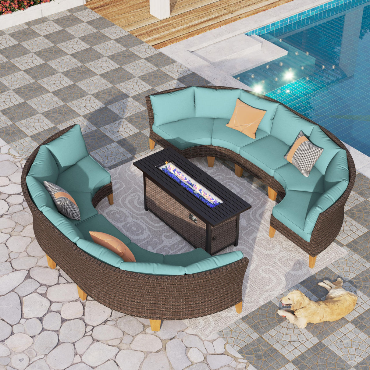 PHI VILLA 11-Piece Outdoor Wicker Furniture Set with 56" Gas Fire Pit Table Half-Moon Curved Patio Conversation Waterproof Rattan Circle Sofa, Blue PHI VILLA