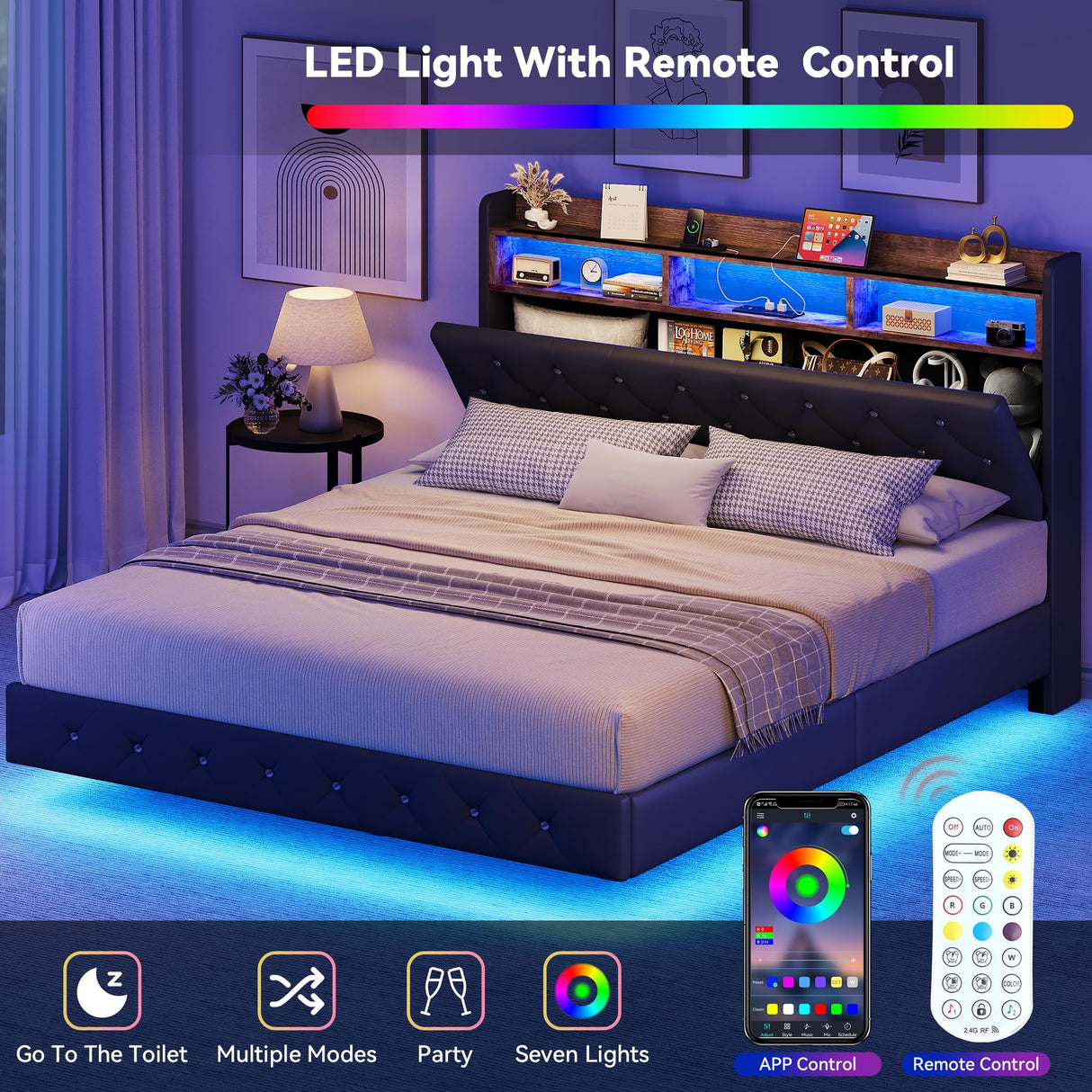 YITAHOME Queen Floating Bed Frame with LED Lights and Storage Headboard, Black Faux Leather YITAHOME