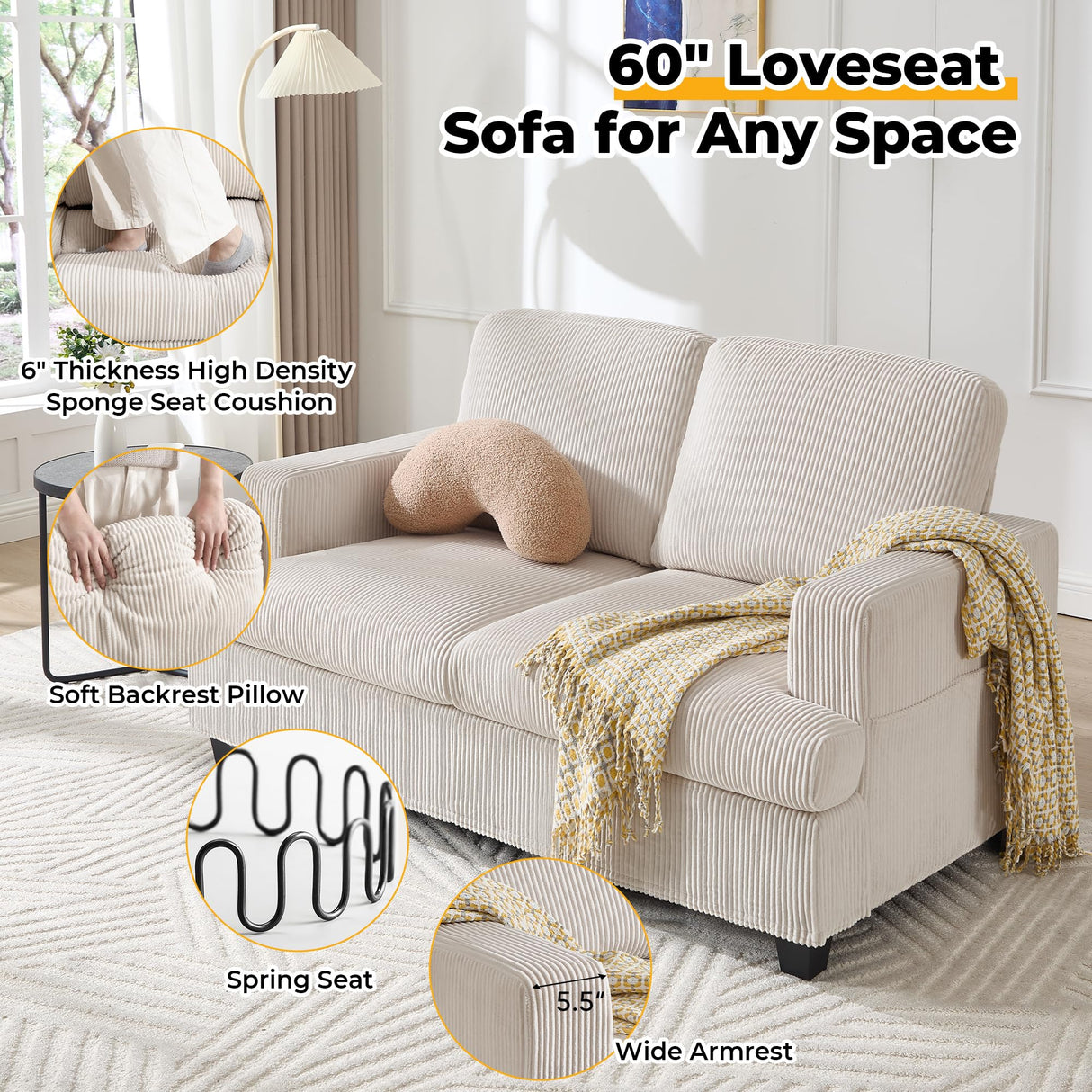 HOMYKA Loveseat Sofa, 60" Corduroy Couch with Side Pocket, Removable Pillow and Cushion Cover 2 seat Couches, Comfy Modern Small Couch for Living Room, Small Spaces, Dorms, Office, Beige HOMYKA