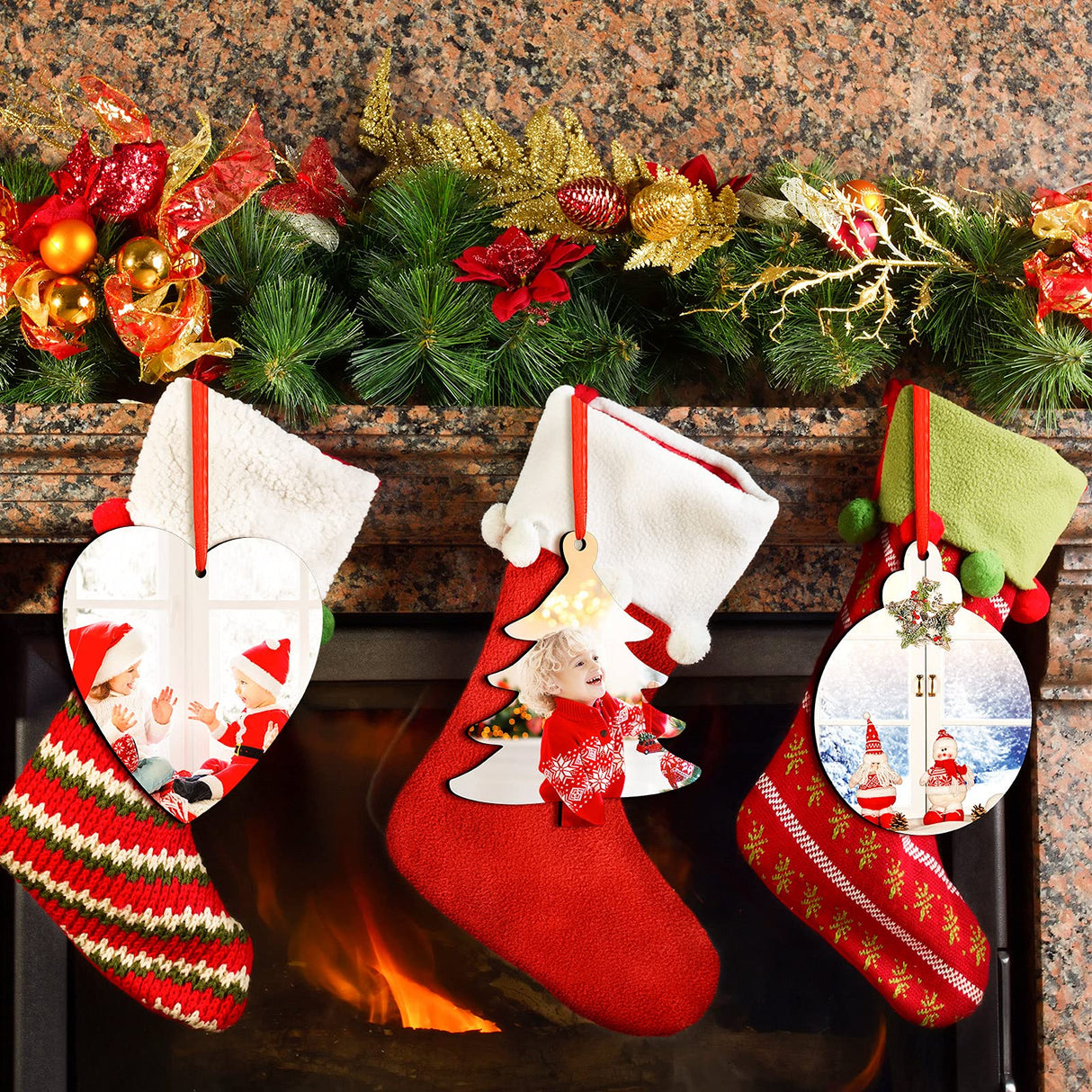 30 Pieces Sublimation Ornament Blank Sublimation Double Sided Blanks Christmas Ornament Blank Personalized Sublimation Blank Pendants DIY Sublimation Pendant Blank with Red Ribbon (Multi Styles) Blulu