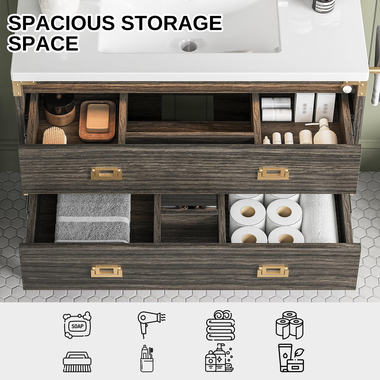 IRONCK 36" Bathroom Vanity with Sink, Wood Bathroom Vanity with Motion Sensor Light, Freestanding Bathroom Cabinet with 2 Drawers & Open Shelf, Easy Assembly, Walnut IRONCK