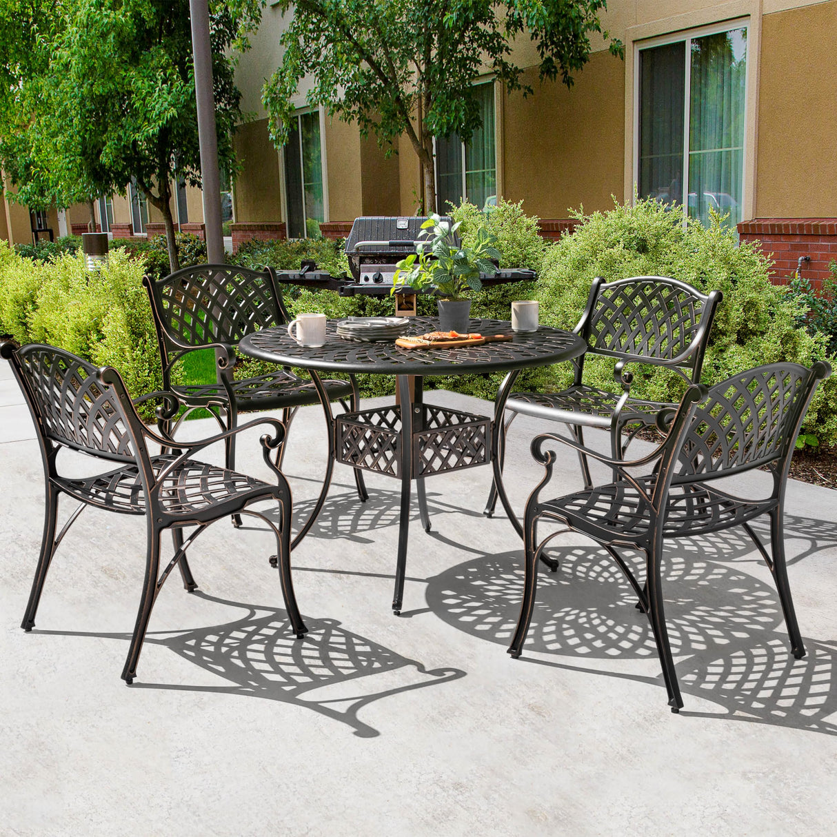 NUU GARDEN 5 Piece Outdoor Patio Dining Set, Cast Aluminum Round Dining Table with Umbrella Hole and Patio Dining Chairs for Patio, Garden, Backyard, Balcony, Black with Bronze Edge NUU GARDEN