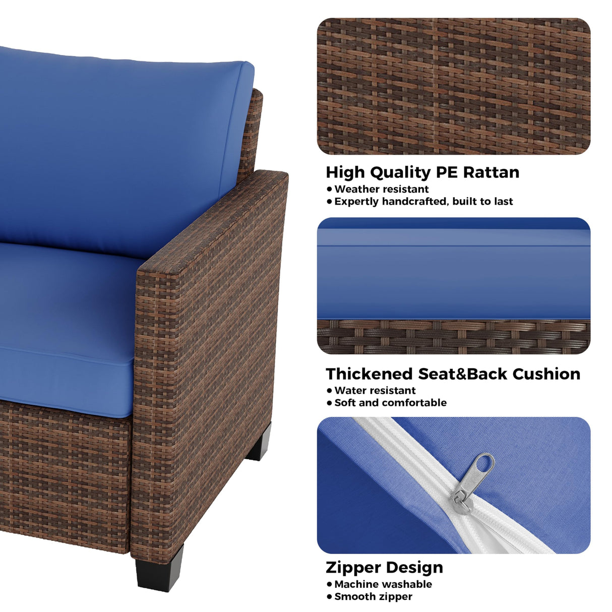 GarveeLife 5 Pieces Patio Furniture Set, 7-Seater Rattan Wicker Patio Conversation Sets with Coffee Table, Outdoor Sectional Patio Sofa Set, Brown Rattan and Blue Cushions GarveeLife