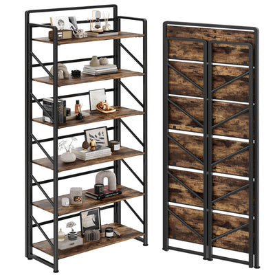 JSB No Assembly Folding Bookshelf, 6 Tier Industrial Metal Book Shelf for Storage, Vintage Wood Foldable Bookcase for Living Room, Bedroom, Office Organization Shelves