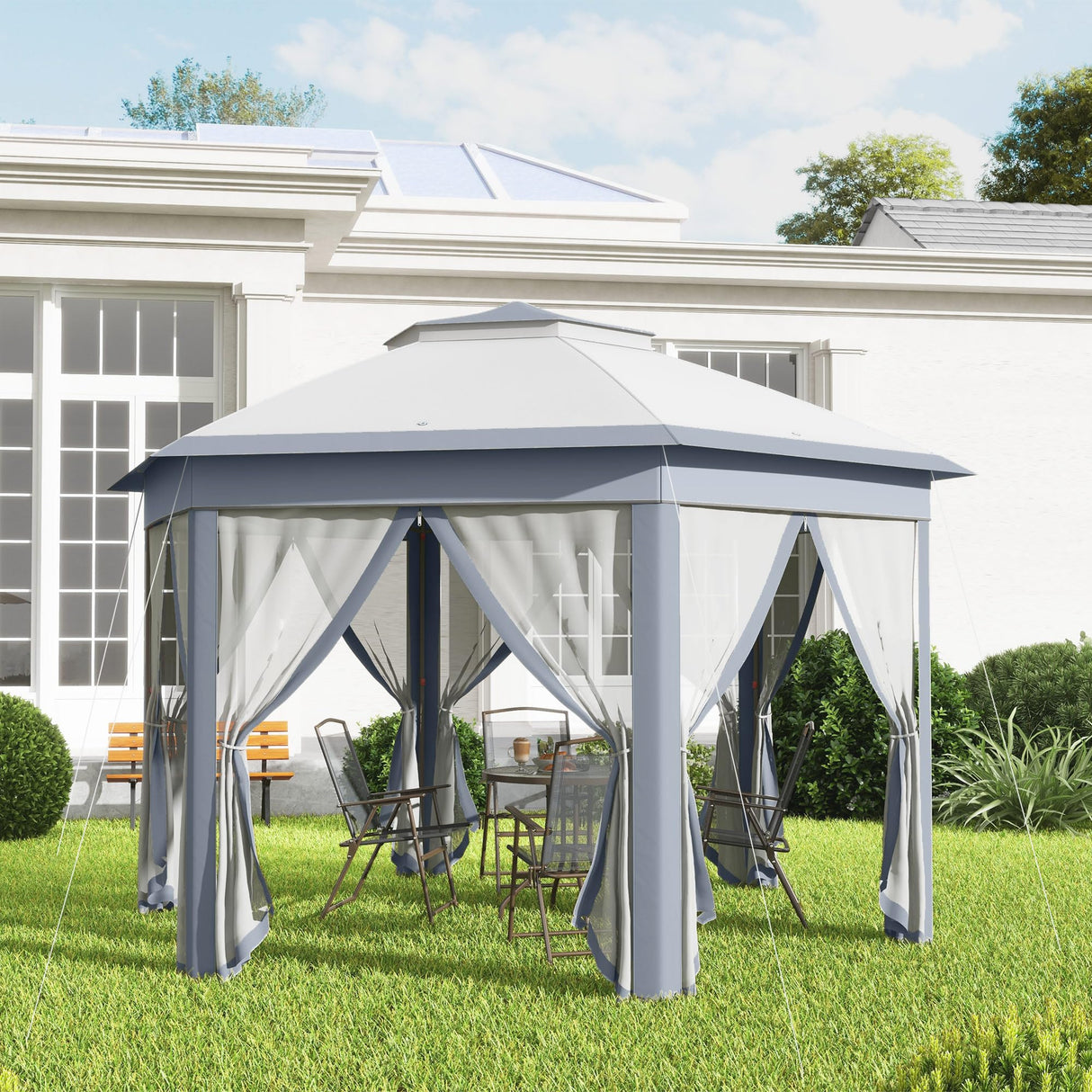 Outsunny 13' x 13' Pop Up Gazebo, Hexagonal Canopy Shelter with 6 Zippered Mesh Netting, Event Tent with Strong Steel Frame for Patio Backyard Garden Wedding Party, Gray Outsunny