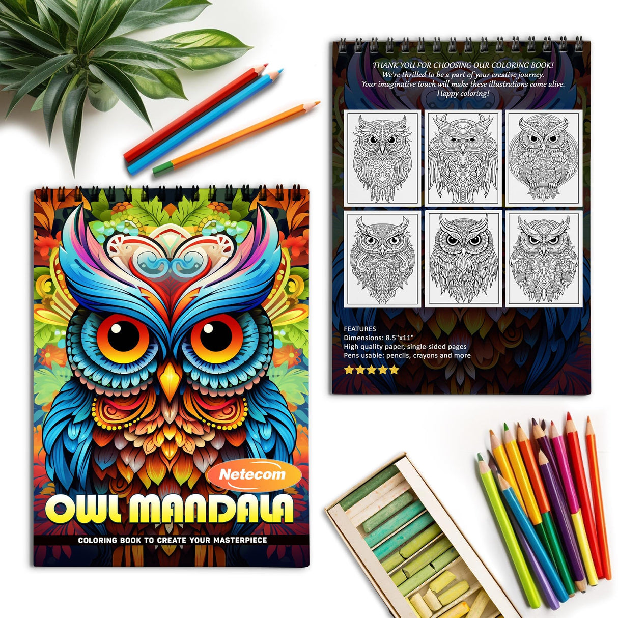 Netecom Owl Mandala Coloring Book Spiral Bound for Adults, Soft Cover, 30 Calming Coloring Pages in Owl Mandala Designs for Stress Relief and Relaxation Netecom