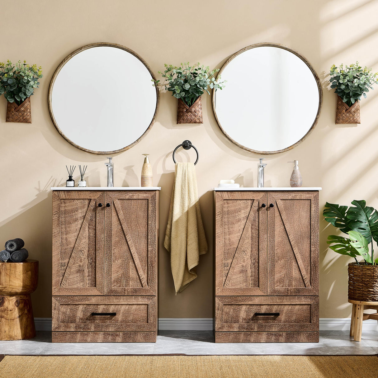 24" Farmhouse Bathroom Vanity with Sink, Bathroom Vanity Sink Cabinet with Large Storage Drawer, Modern Floor Standing Bathroom Vanity with Barn Door, Soft Closing & Metal Handle, Light Brown Aitjunz