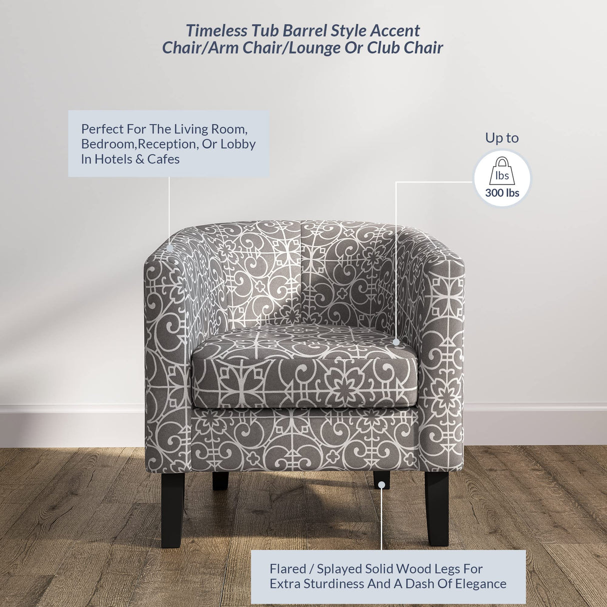 BELLEZE Accent Barrel Chair, Linen Round Chair Club Tub Sofa Corner Chair with Flared Legs and Cozy Soft Padding for Living Room Bedroom Waiting Room - White & Gray BELLEZE