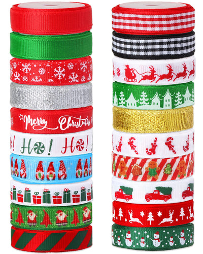Christmas Ribbon 3/8 Inch,20 Rolls 100 Yards Christmas Grosgrain Ribbon,Christmas Ribbon for Gift Wrapping Crafts DIY Holiday Xmas Decorations