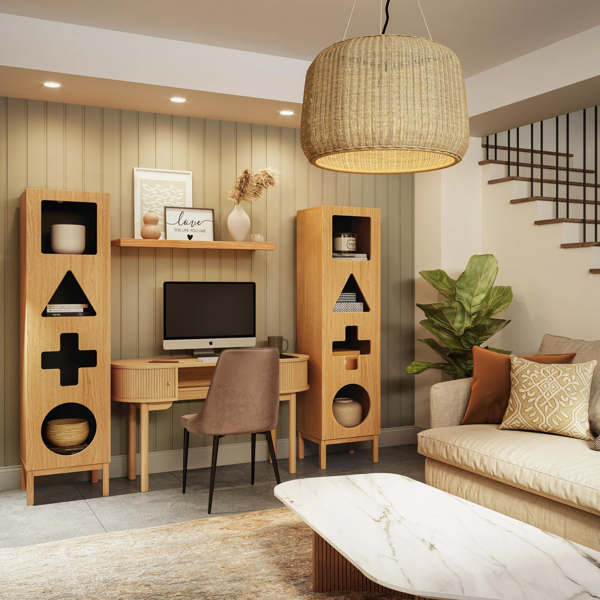 WERMO 18’’ Showcase Display Cabinet with Geometric Cut-Out Doors - Modern Curio Cabinet for Dining Room, Living Room, Entryway. Trophy Case and Collectible Display Case Wood with Door & Storage (Oak) WERMO