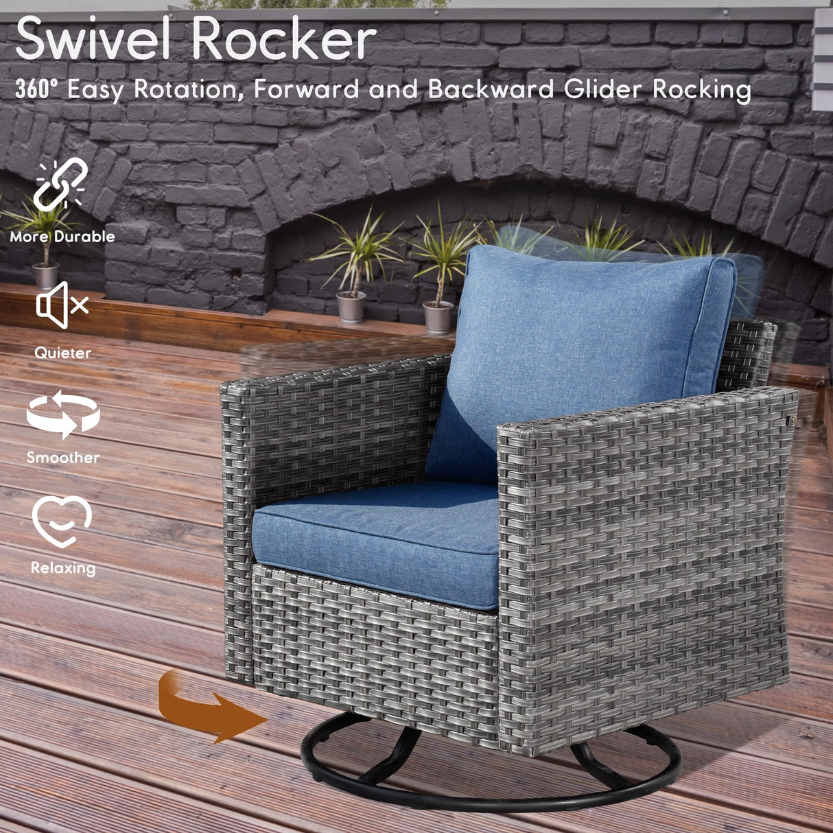 HOOOWOOO Patio Outdoor Conversation Set with Fire Pit Table,9 Piece Modern Outside Furniture with Swivel Rocking Chairs,PE Wicker Out Door Furniture Sofa and Ottoman Set(Denim Blue) HOOOWOOO