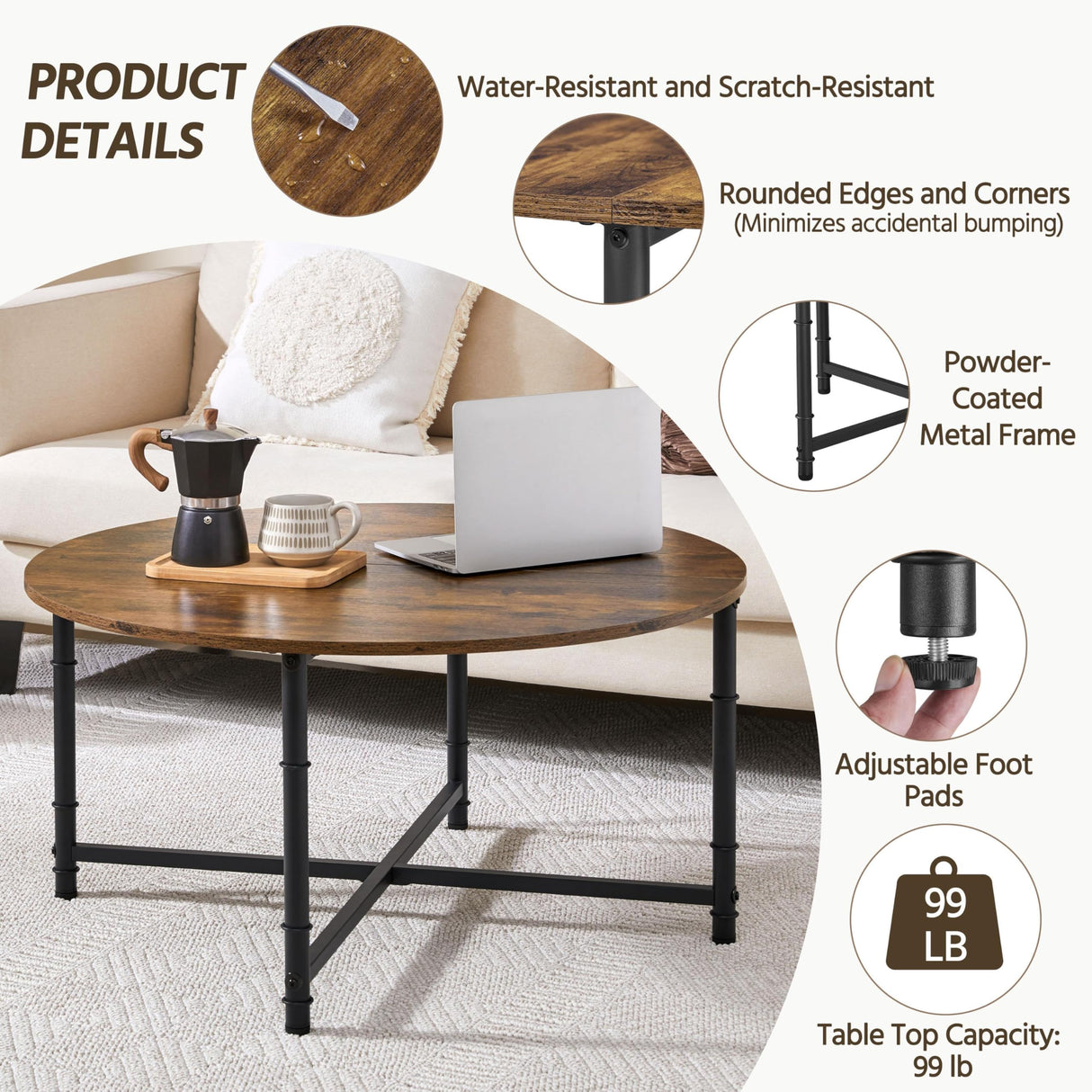 Yaheetech Round Coffee Table, Small Coffee Table for Living Room, Rustic Wood Circle Modern Center Table with Sturdy Metal Legs, Easy to Assemble, 35.5 x 18 Inches Yaheetech