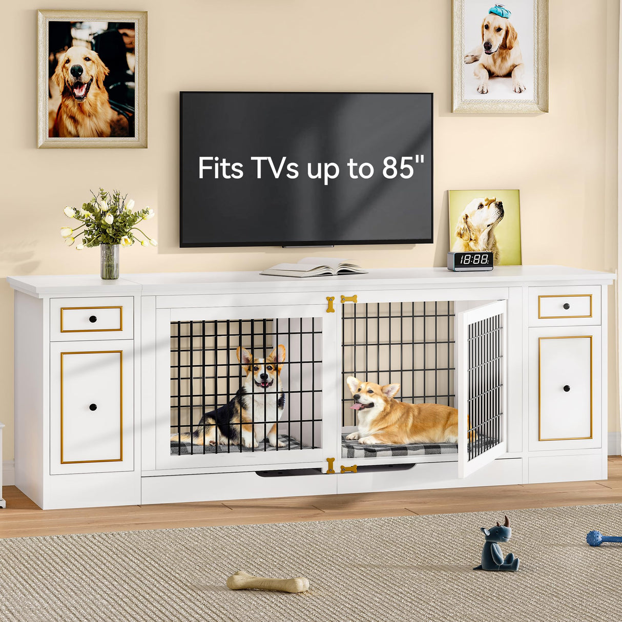 YITAHOME Double Dog Kennel Furniture with Tray, 79" Dog Crate Table with Storage for 2 Small/Medium Dogs, Indoor Wooden Dog House TV Stand, White YITAHOME