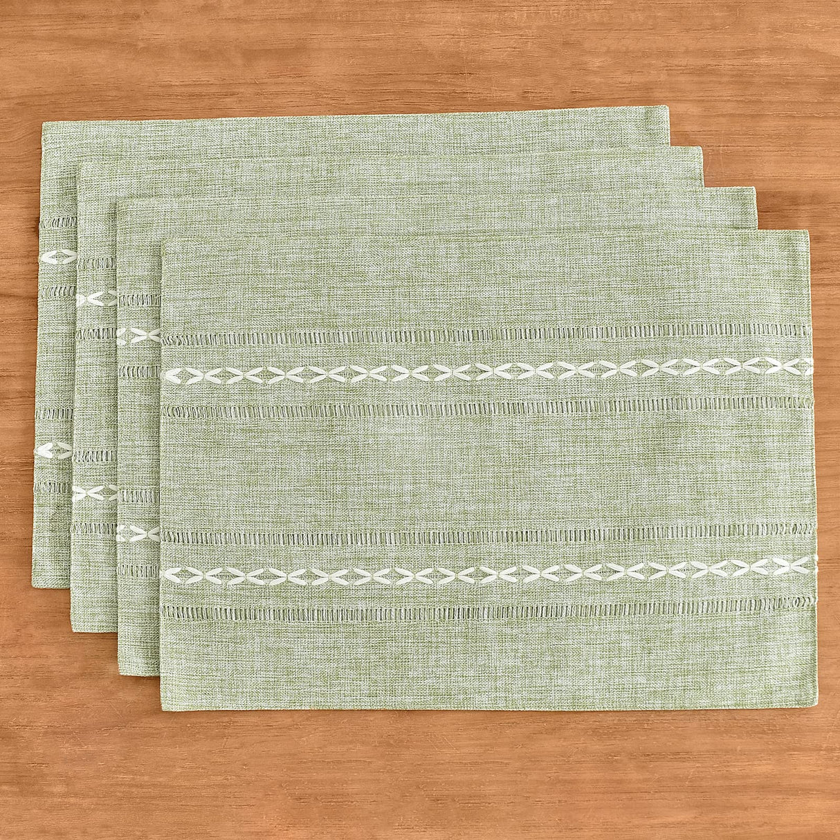 Wracra Cotton Linen Placemats, 12 x 18 Inch Set of 4 Fete Placemats Rustic Hemstitch Place Mats for Kitchen Table and Heat Resistant-Sage Green Wracra