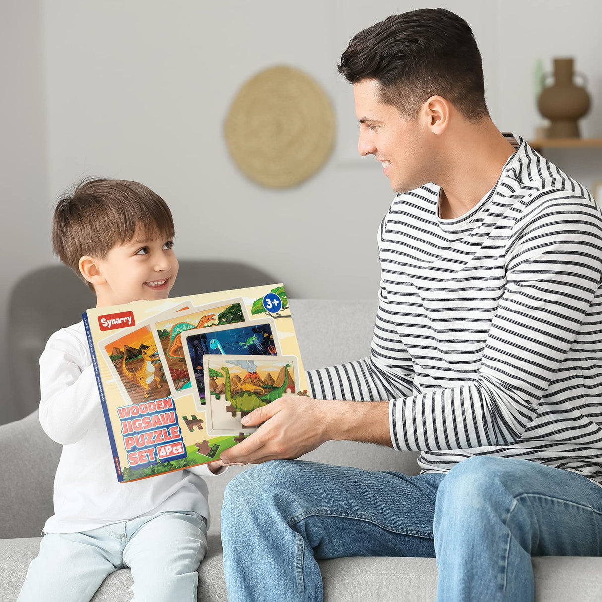 SYNARRY Large Dinosaur Wooden Puzzles for Kids 4 in 1 Gift Box(12.2 * 9.4 in) - FSC Certified, Jigsaw Puzzles for Kids Ages 4-6, Dinosaur Toys Gifts for 3 4 5 Year Old Boys Girls SYNARRY