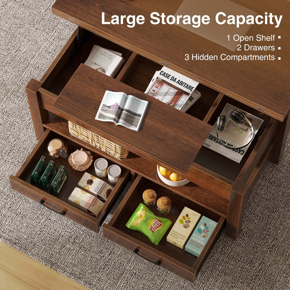 Rolanstar Coffee Table Lift Top, Multi-Function Convertible Coffee Table with Drawers and Hidden Compartment, Converts to Dining Table for Living Room, Home Office,Espresso Rolanstar