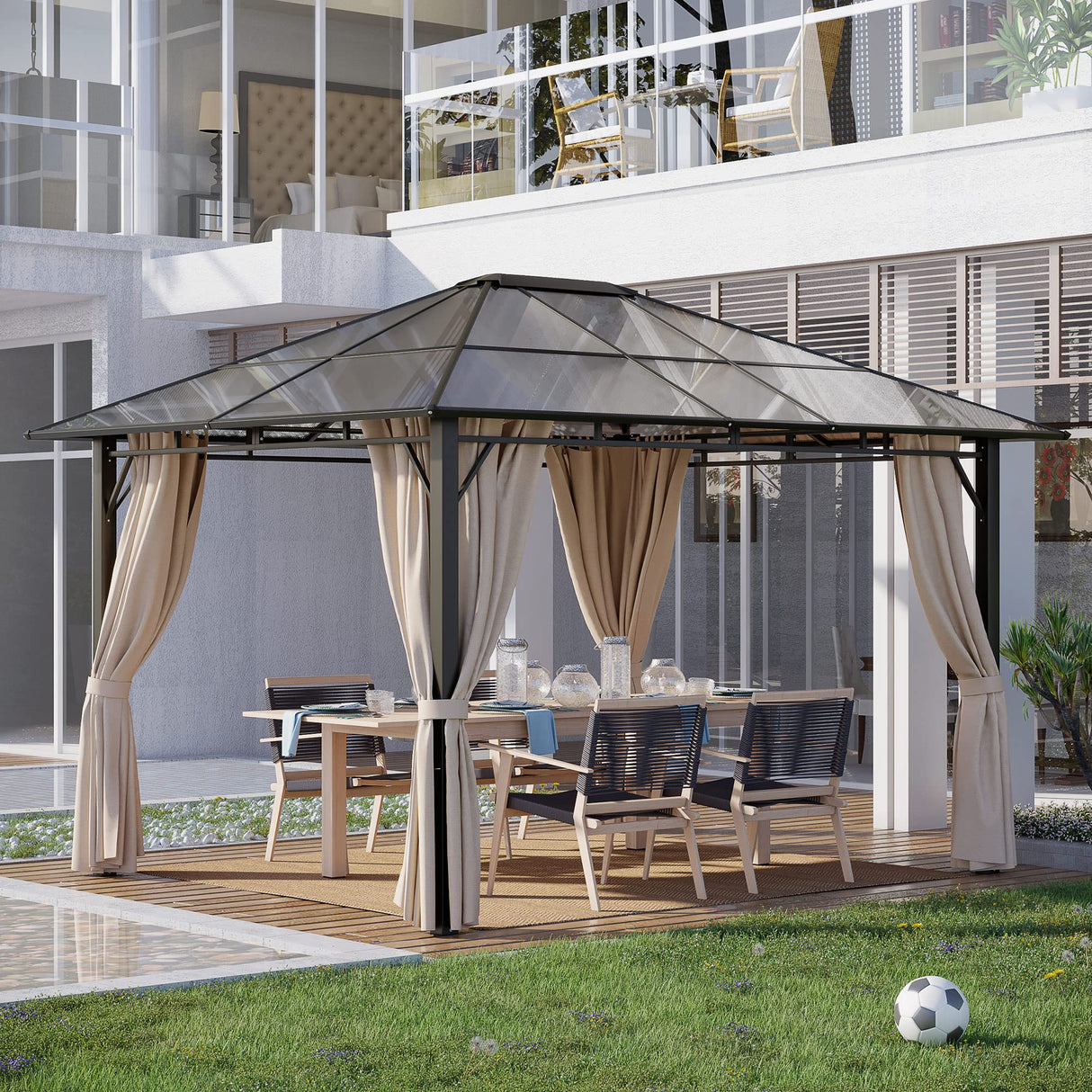 Outsunny 10' x 12' Hardtop Gazebo Canopy with Polycarbonate Roof, Aluminum Frame, Permanent Pavilion Outdoor Gazebo with Netting, for Patio, Garden, Backyard, Deck, Lawn, Off-White Outsunny
