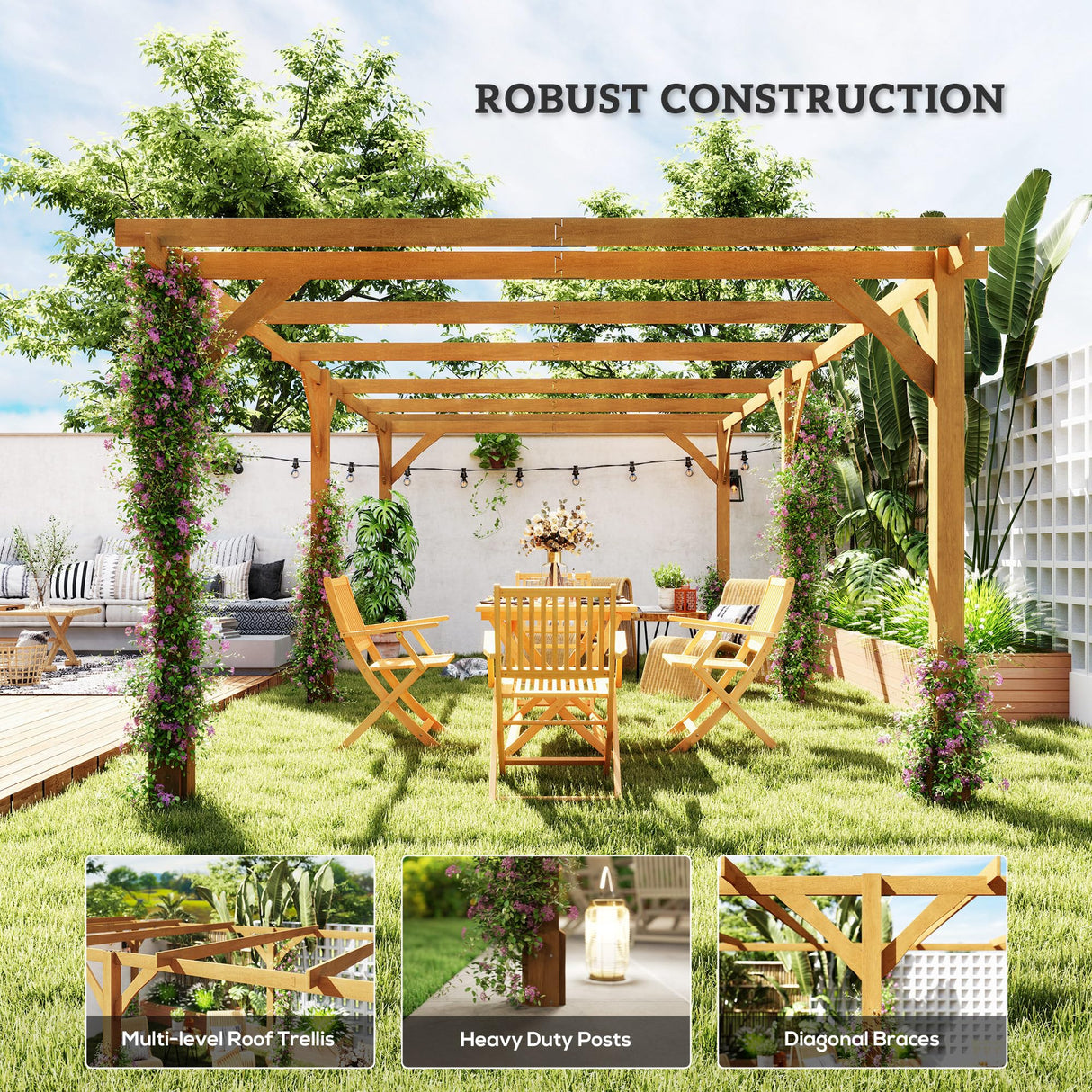 Outsunny 20' x 10' Outdoor Pergola, Wood Gazebo Grape Trellis with Stable Structure and Concrete Anchors for Climbing Plant Support, Garden, Patio, Backyard, Deck, Dark Brown Outsunny