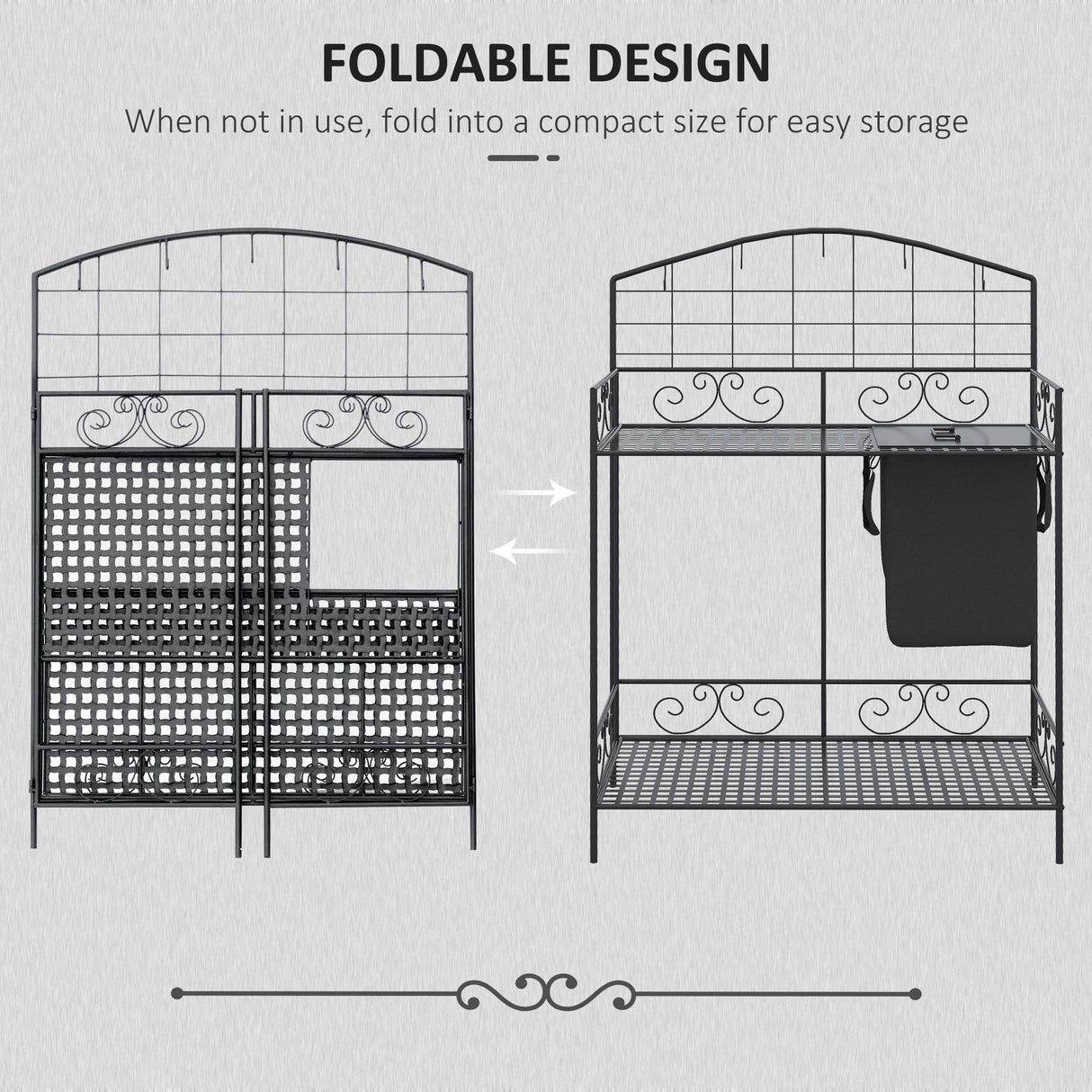 Outsunny Folding Potting Bench Table, Metal Garden Workstation, Work Bench with Large Build-in Bag with Cover, 5 Hanging Hooks & Storage Shelf, Flourishes Outsunny