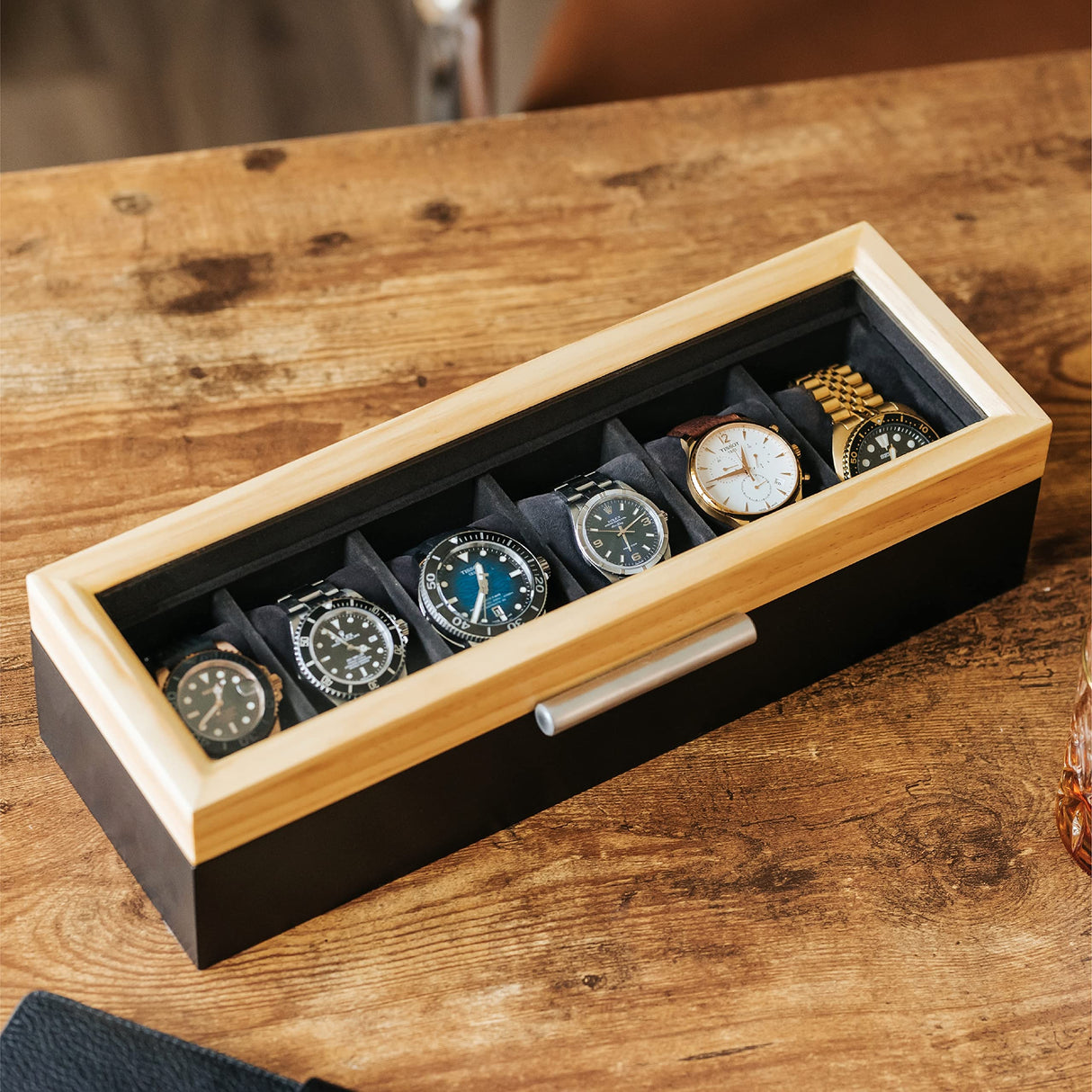 CASE ELEGANCE Two-Toned Pine and Black Base with Modern Aluminum Handle 6-Slot Watch Box with Real Glass CASE ELEGANCE