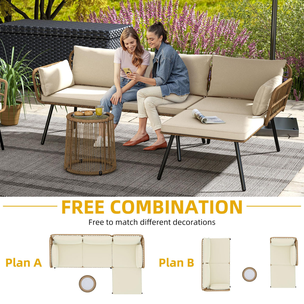 DWVO Patio Furniture Set 3 Piece Outdoor Wicker Conversation Set with Detachable Cushions and Coffee Table L-Shaped Sectional Sofa Set Outdoor Furniture Set for Backyard Porch Deck - Beige DWVO