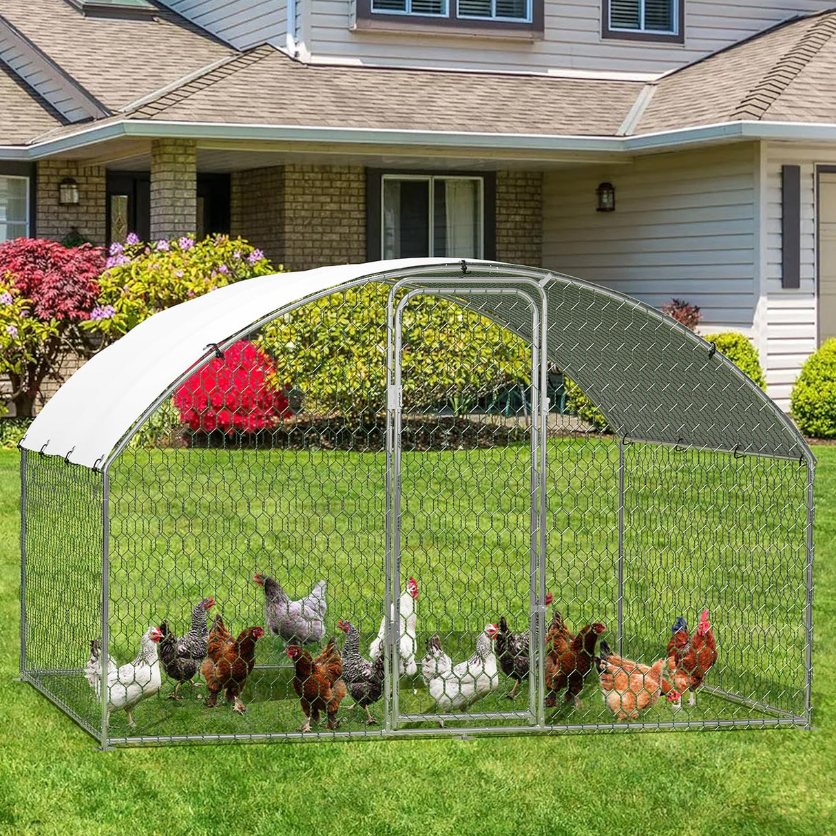 Large Metal Chicken Coop, Large Chicken Coop for Yard, Walk-in Poultry Cage with Waterproof and Anti-Uv Cover, Chicken Run for Outdoor Backyard Farm, Doom Roof, 9.8×6.5×6.5ft,Silver Hipicute