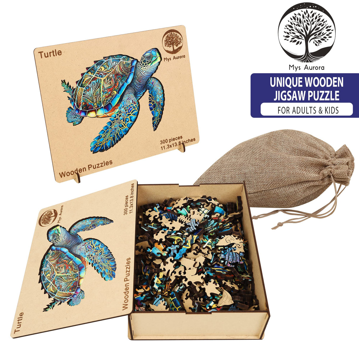 MYS Aurora Wooden Puzzles, Sea Turtle Jigsaw Puzzles 500 Pieces, Unique Shaped Wooden Puzzle for Adults and Kids, Family Game 16.9 x 20.7 Inch Mys Aurora