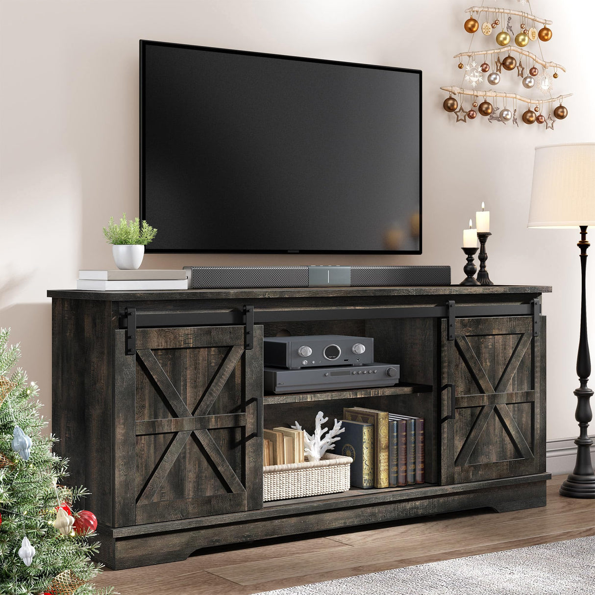 YITAHOME Farmhouse TV Stand for 65 Inch Television Stand, Entertainment Center with Storage Cabinets and Sliding Barn Doors, Rustic Media TV Console Table for Living Room, Dark Rustic Oak YITAHOME