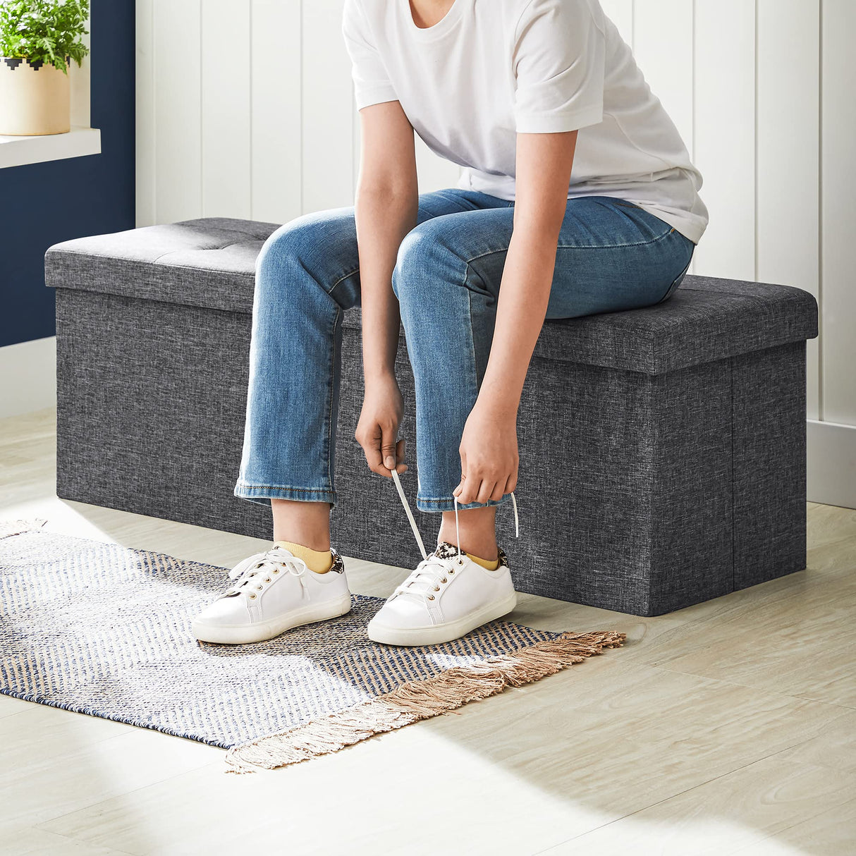 SONGMICS MAZIE Collection - 43 Inches Storage Ottoman, Foldable Storage Bench with Flipping Lid, 660 lb Load Capacity, for Entryway, Living Room, Bedroom, Dark Gray ULSF76GYZ SONGMICS