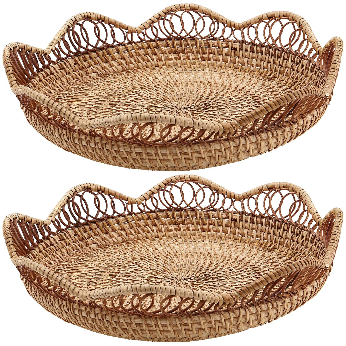 KEILEOHO 2 PCS 11.8 x 2.36 Inch Rattan Fruit Basket Round, Rattan Bread Basket, Wicker Fruit Basket, Rattan Fruit Bowl for Bread, Fruit, Vegetables, Tabletop Display KEILEOHO