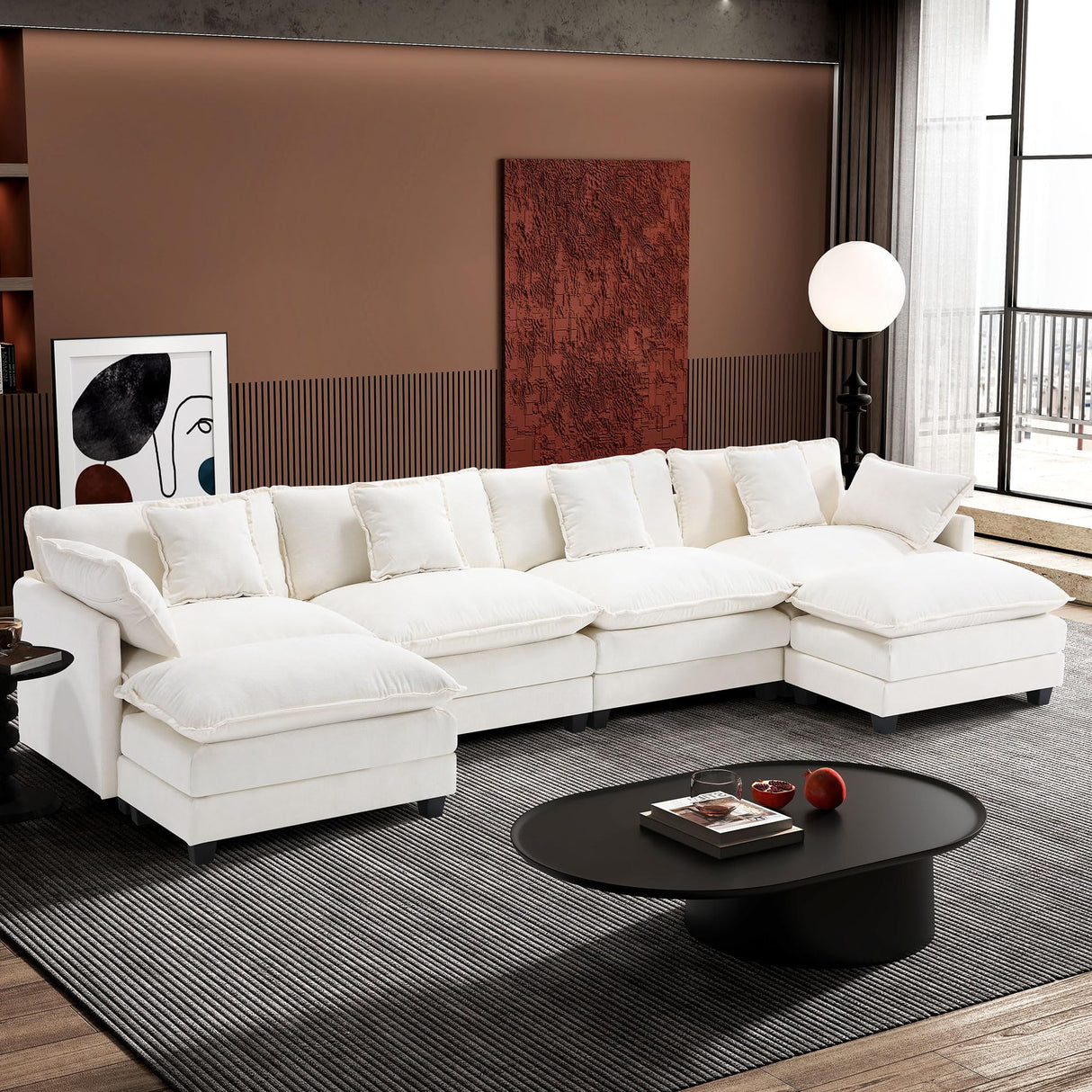 Ihanherry 146" U-Shaped Modern Sofa Modular Sectional Cloud Couch with 2 Ottoman, 6-Seat Chenille Deep Seat Sofa with 6 Pillows for Living Room, Bedroom and Apartment, Beige Ihanherry