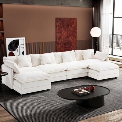 Ihanherry 146" U-Shaped Modern Sofa Modular Sectional Cloud Couch with 2 Ottoman, 6-Seat Chenille Deep Seat Sofa with 6 Pillows for Living Room, Bedroom and Apartment, Beige