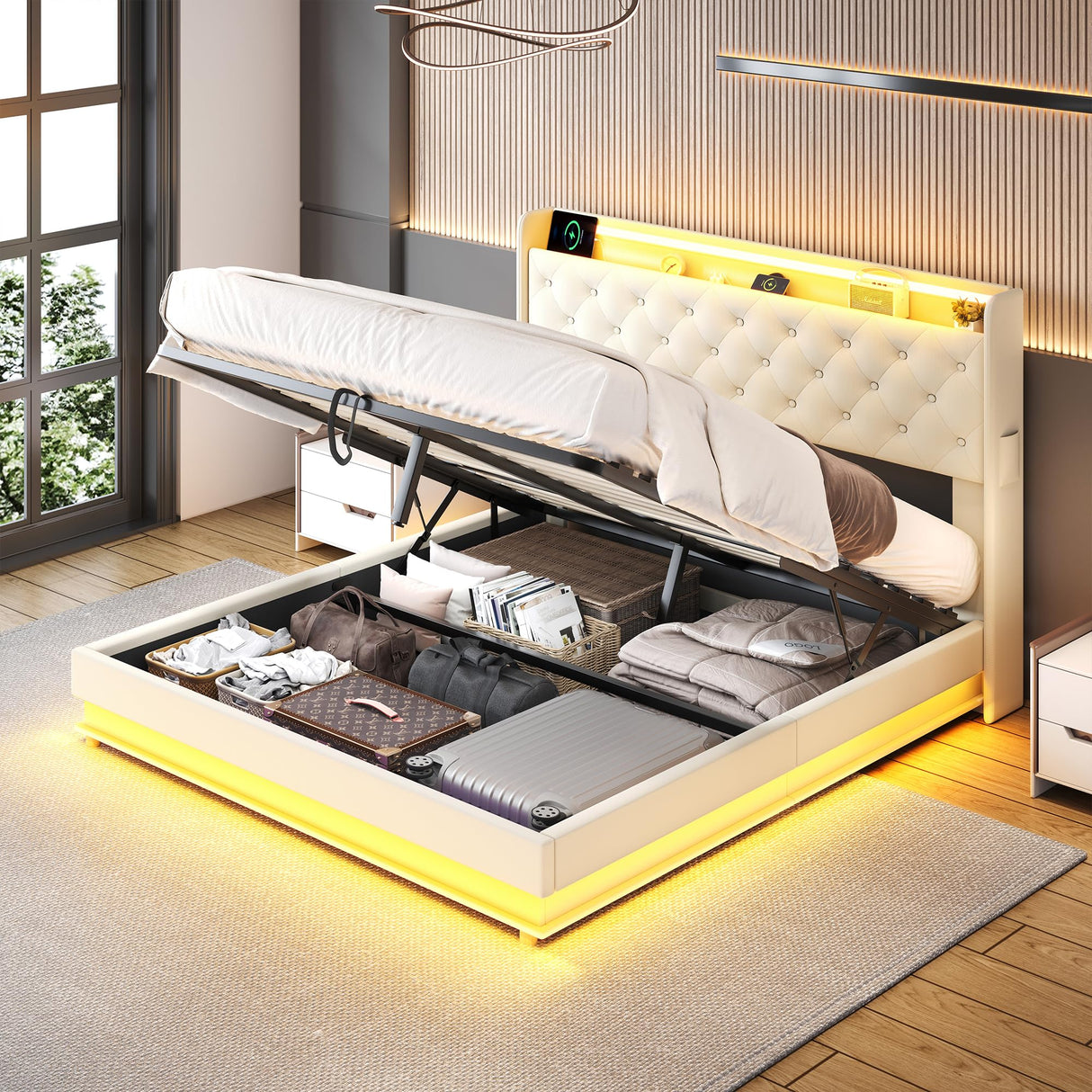 Ailisite Beige Upholstered Queen Bed Frame with LED Lights, Wingback Headboard, and Storage Solution Ailisite