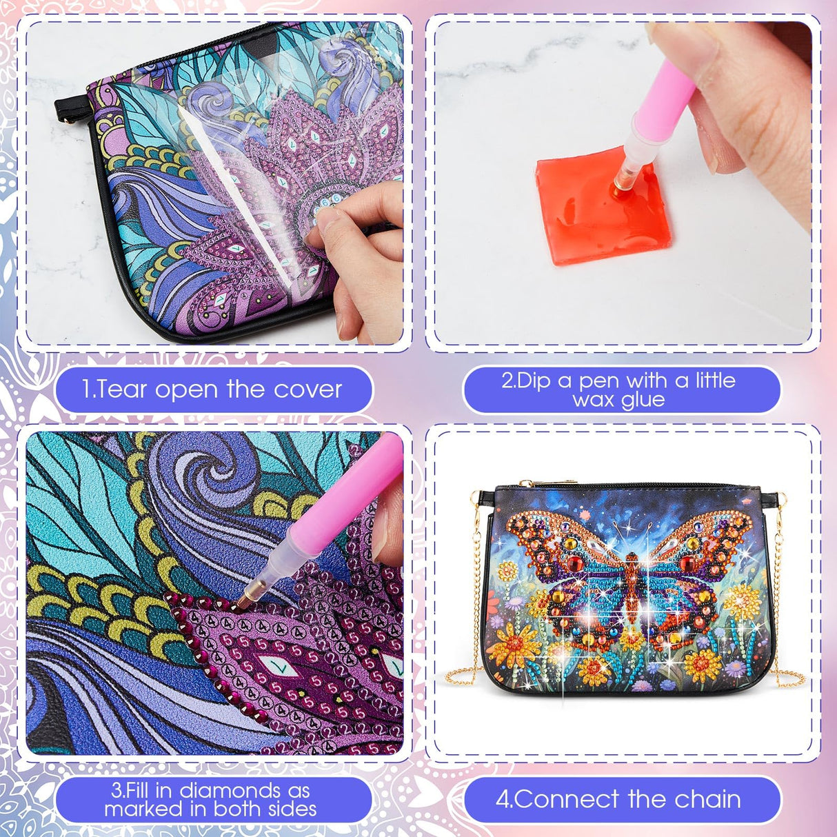 Geyoga 2 Pcs Diamond Painting Purses Diamond Art Kits for Adults Butterfly Handbag Crossbody Bag 5D DIY Shoulder Makeup Bag Chain Leather Clutch Purse Geyoga