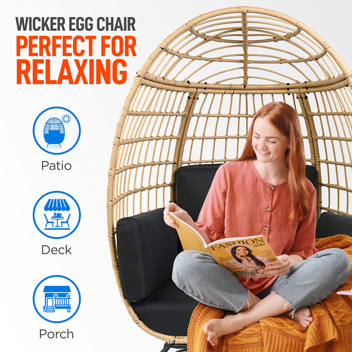 SereneLife Black Wicker Rattan Egg Chair for Indoor and Outdoor Use - Comfy Sofa Chair with 4 Washable Cushions, Durable Powder-Coated Steel Frame, Stylish Ribbed Back, Supports up to 440lbs SereneLife