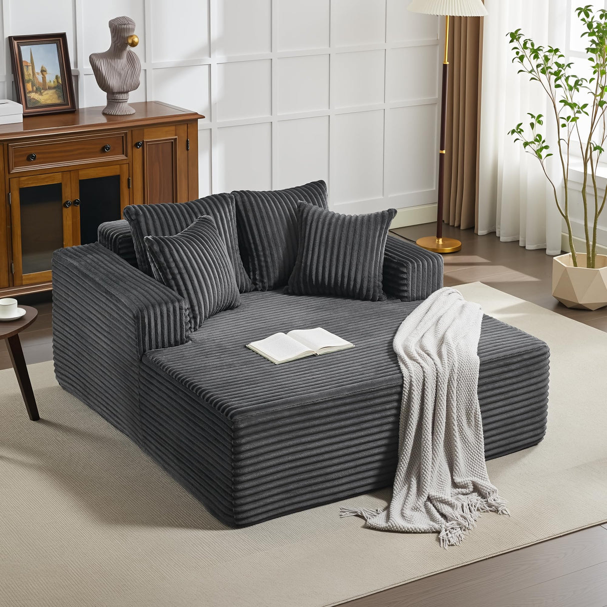 61"L Oversized Chaise Lounge Chair Indoor, Boneless Corduroy Sleeper Sofa Bed with 4 Pillows, Armrests, Comfy Fluffy Reading Couch, No Assembly Required Cloud Sofa for Living Room, Bedroom, Office WARMTOBABY