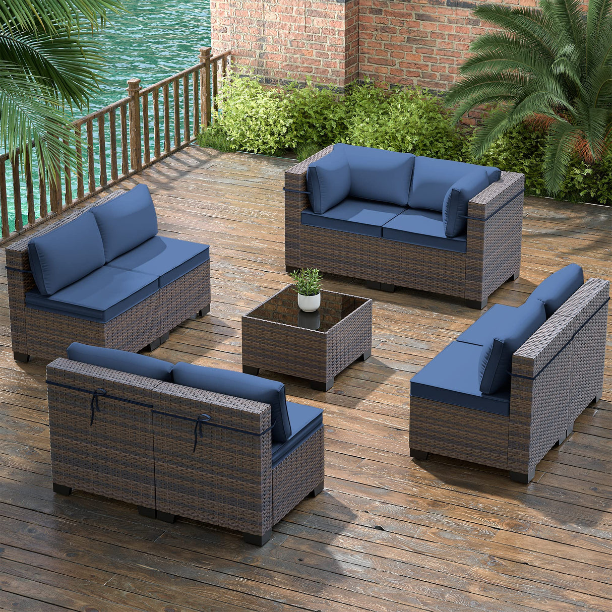 Gotland 9 Pieces Patio Furniture Set Outdoor Sectional Wicker Furniture All-Weather PE Rattan Patio Conversation Sets w/8 Replaceable Navy Waterproof Cushions and 1 Coffee Table Gotland