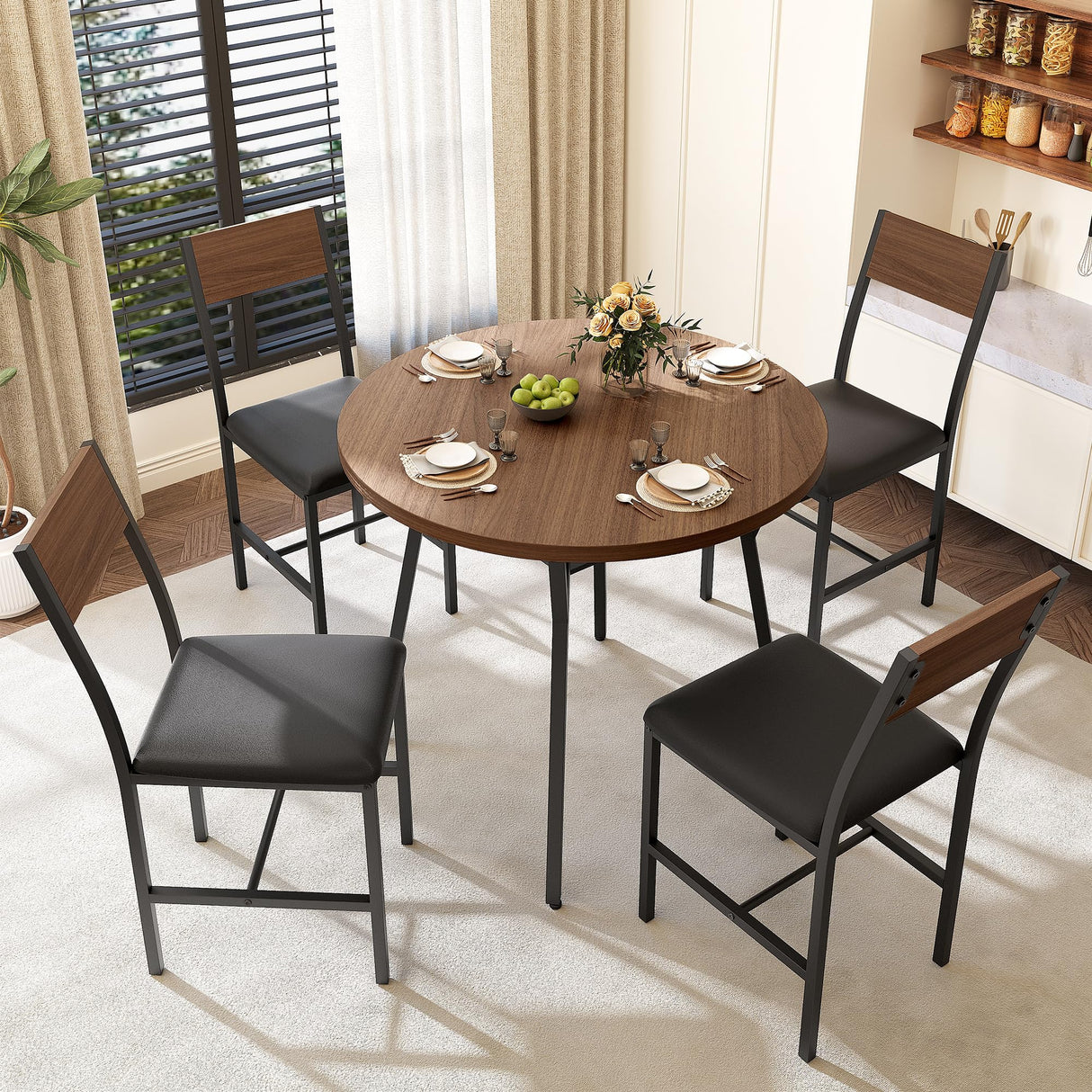 Pamapic Round Dining Table Set for 4, Kitchen Table and Chairs for 4, Dining Room Circle Dinner Pedestal Table, Solid Metal Frame,Space Saving Wood Kitchen & Dining Room Furniture,Walnut Pamapic