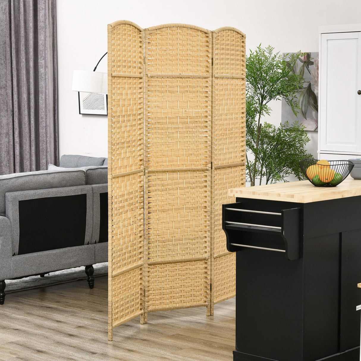 HOMCOM 3 Panel Room Divider, 6' Tall Folding Privacy Screen, Hand-Woven Freestanding Wall Partition for Home Office, Bedroom, Nature Wood HOMCOM