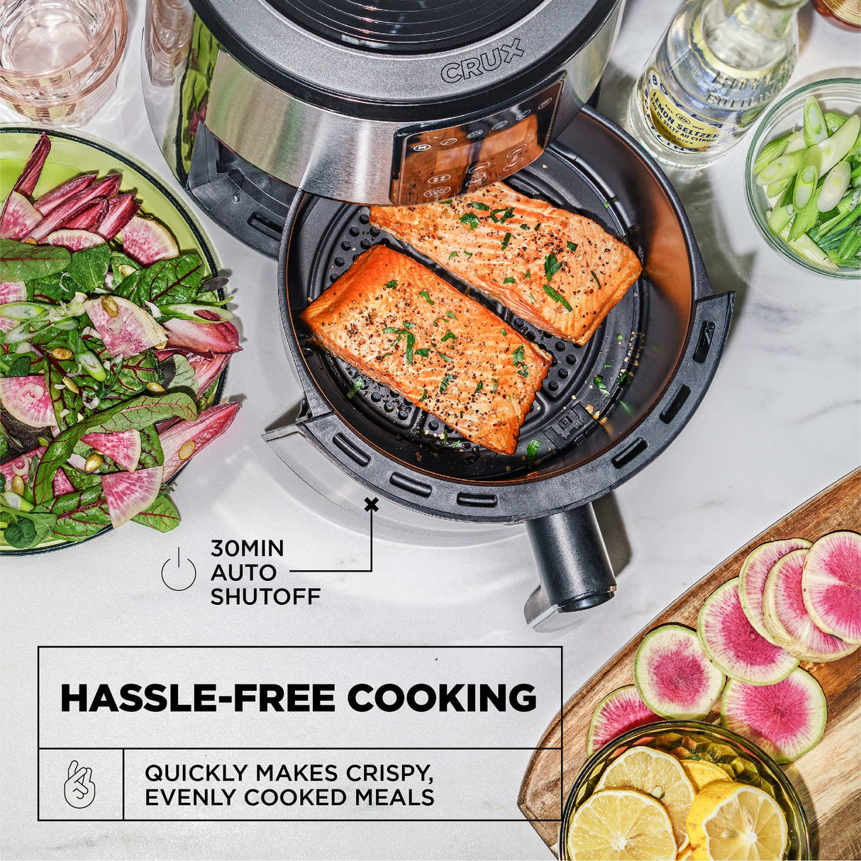 Crux 3QT Digital Air Fryer, Faster Pre-Heat, No-Oil Frying, Fast Healthy Evenly Cooked Meal Every Time, Dishwasher Safe Non Stick Pan and Crisping Tray for Easy Clean Up, Stainless Steel Crux