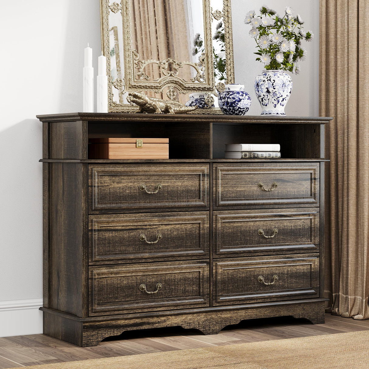 Yechen Farmhouse 6 Drawers Double Dresser, 47'' Wide Dresser Chest of Drawers with 2 Open Shelves, Dresser TV Stand, Rustic Wood Storage Dresser Organizer for Bedroom, Hallway, Entryway, Living Room Yechen