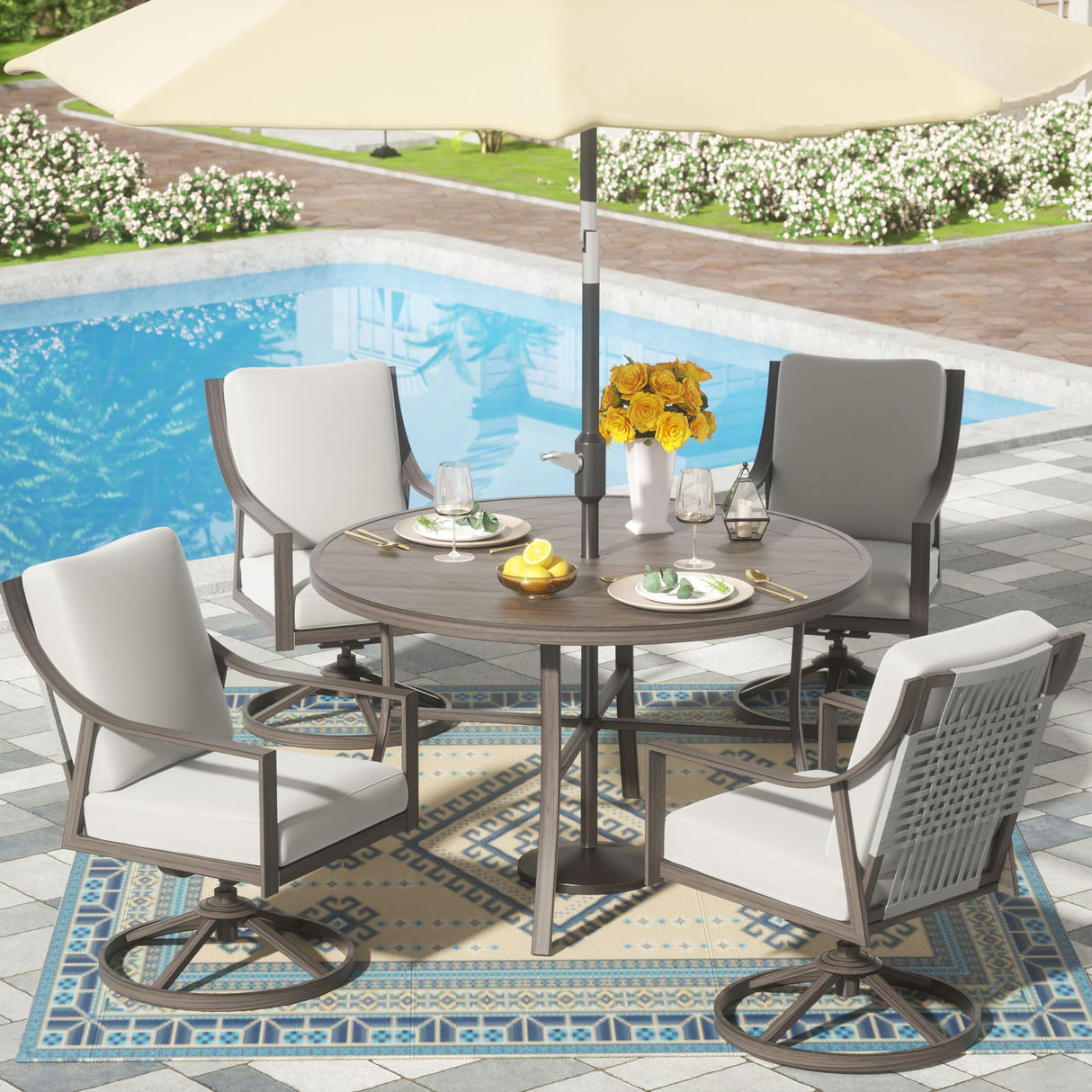 NATURAL EXPRESSIONS 5-Piece Outdoor Patio Dining Set, 4pcs Patio Swivel Rocking Chairs and 38’’ Round Dining Table with 1.65’’ Umbrella Hole NATURAL EXPRESSIONS