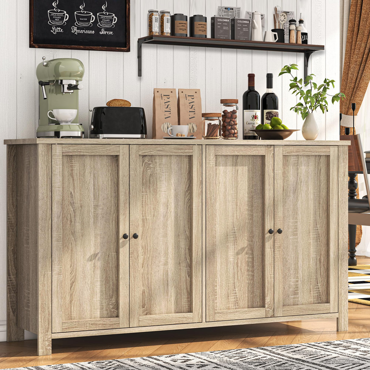 knoworld Buffet Cabinet with Storage Farmhouse Buffet Sideboard with 4 Doors, 55'' Large Kitchen Storage Cabinet Wood Coffee Bar Buffet Table for Kitchen, Dining Room, Entryway knoworld