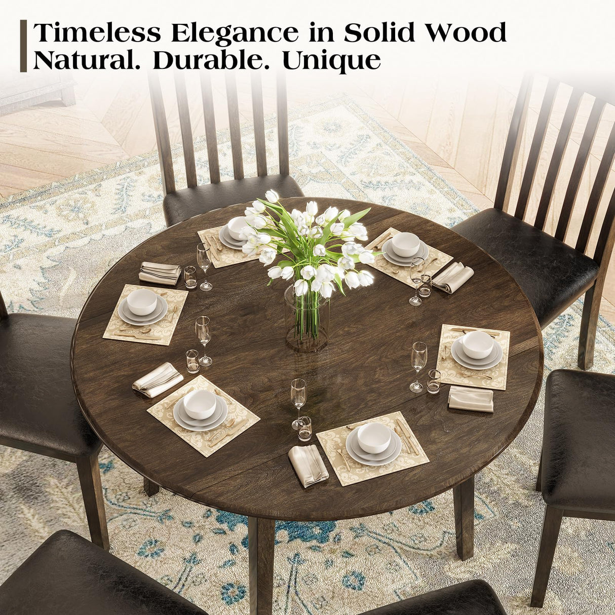 LUXOAK 7 Piece Round Dining Table, 48 inch Round Extendable Kitchen Table for 6 People, Solid Wood Modern Farmhouse Round Table Set Space Saving Small Space for Dining Room, Kitchen Living Room LUXOAK