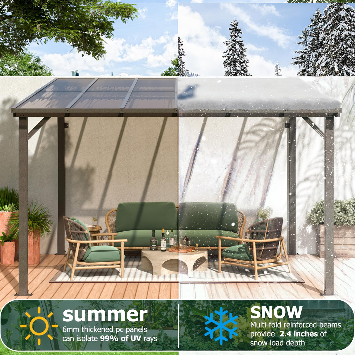 WKM 10X12 FT Gazebo,Gazebos on Clearance, Wall Mounted Gazebo, Pergolas and Gazebos Clearance, Lean to Gazebo Hard Top, Decks, Porch and Backyard WKM