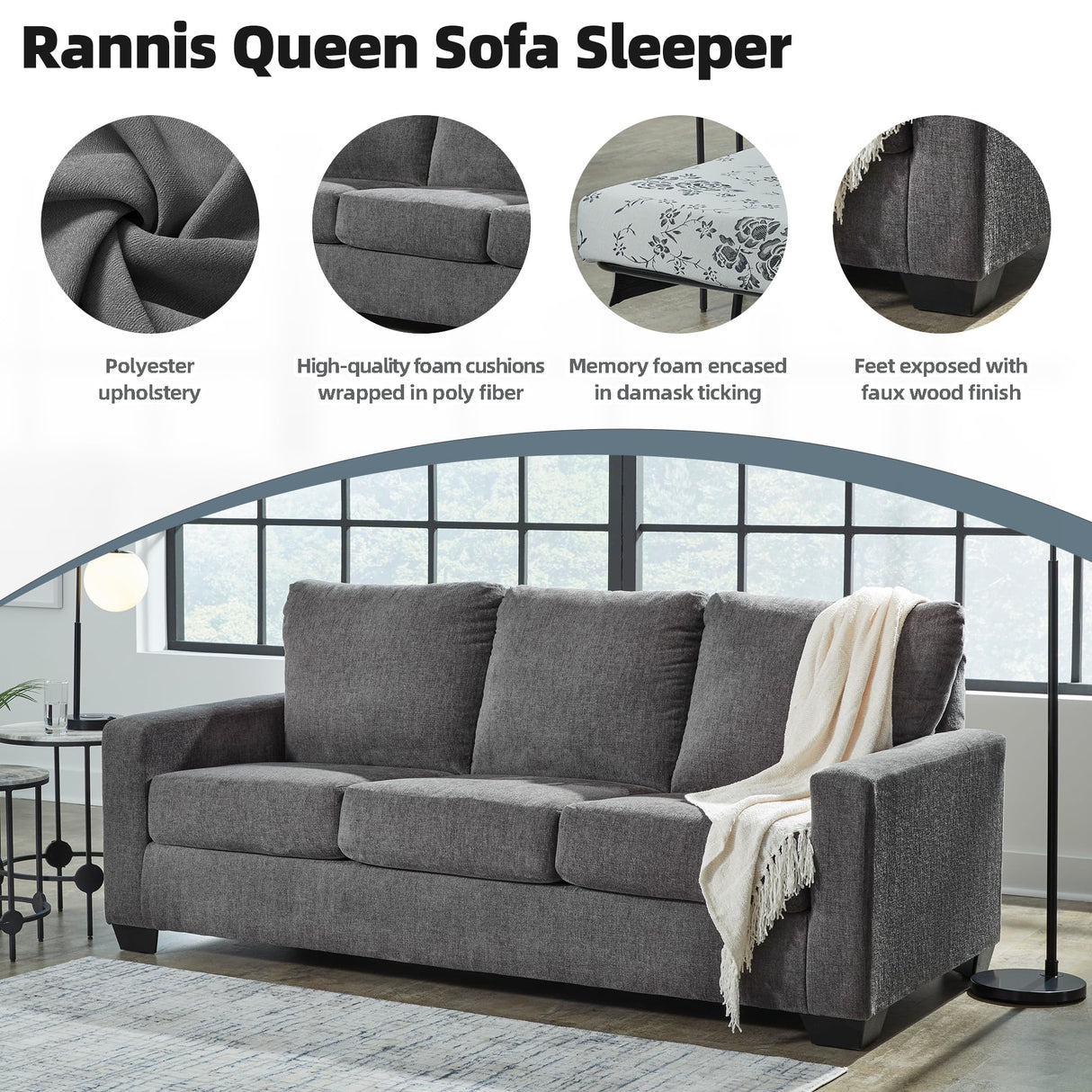 Signature Design by Ashley Rannis Casual 2-in-1 Sofa Sleeper with Folding Gel Memory Foam Mattress, Queen, Gray Signature Design by Ashley