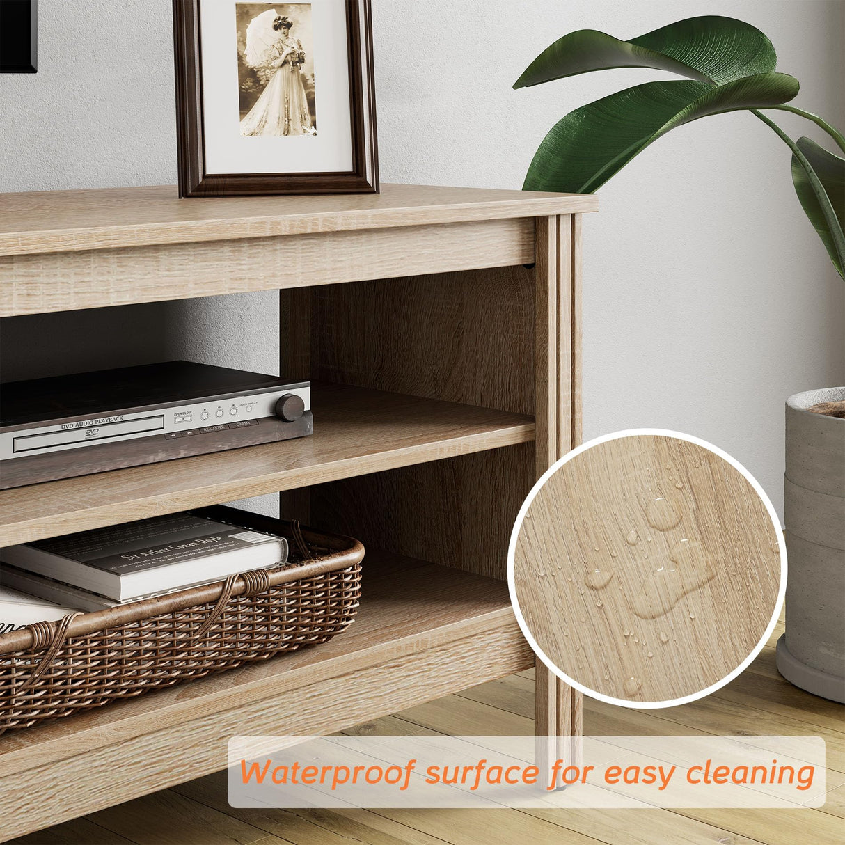 WAMPAT Farmhouse TV Stand for TVs up to 75 Inch, Oak Entertainment Center for 80 inch TV Console Table with 5 Cubby Storages for Living Room Bedroom, 70 inch WAMPAT