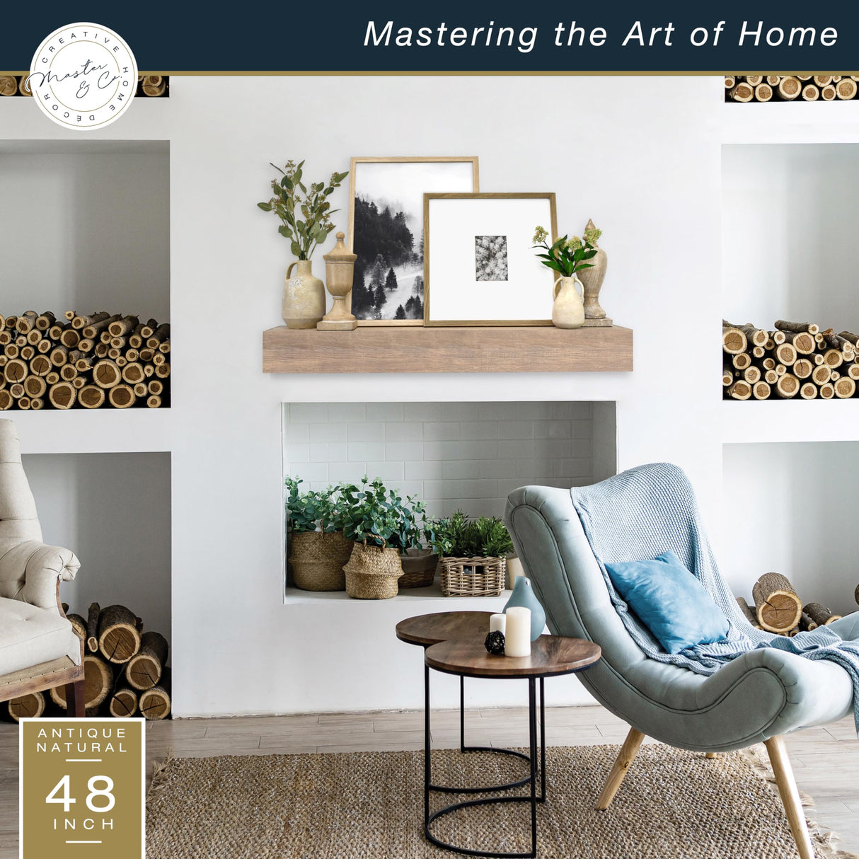 MCS 48-Inch Mantel, Master & Co Antique Natural Finsh Solid Wood Floating Fireplace Mantel, Long Floating Shelf for Livingroom with Wood Cleat Hanging System, Photo and Home Decor Display Shelf MCS